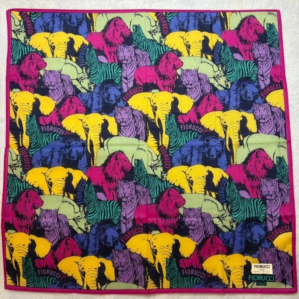 Vtg FIORUCCI Scarf Handkerchief Animal Safari Cotton Multi Color 17.5" - Picture 1 of 6